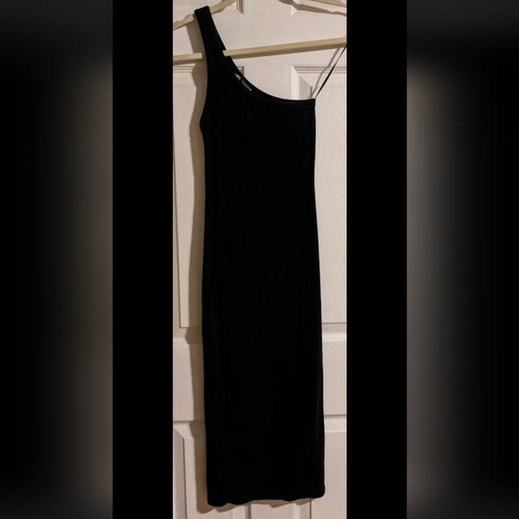 SOLD Zara Black One Shoulder Tank Dress S Ribbed Cotton Blend Stretchy Bodycon - Picture 1 of 5